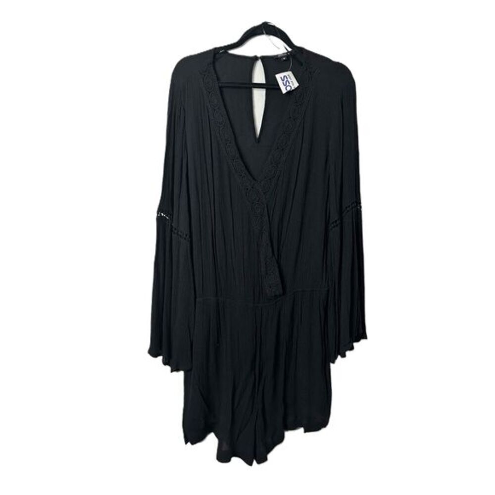 NWT Ambiance Romper Womens Size 3X Black Boho Long Sleeve V Neck Lace Trim